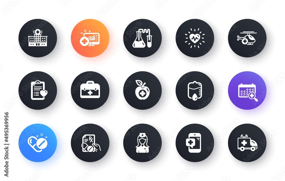 Medical icons. Hospital assistance, Health food diet and Laboratory. Chemistry classic icon set. Circle web buttons. Vector