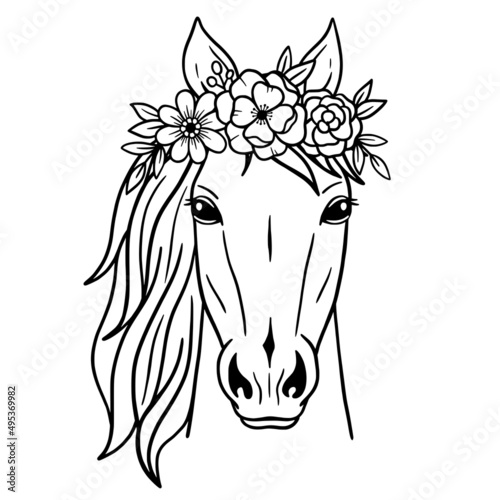 Vector silhouette of a horse's head with wreath of flowers. Crown of flowers. Wild Animals. Horse head icon or logo.  Good for posters, t shirts, postcards.