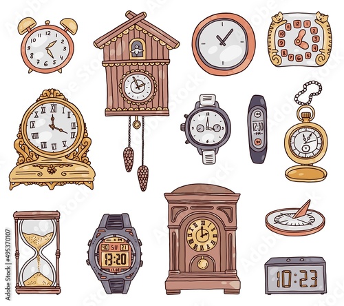 Clocks and watches hand drawn collection, doodle vector illustration isolated.