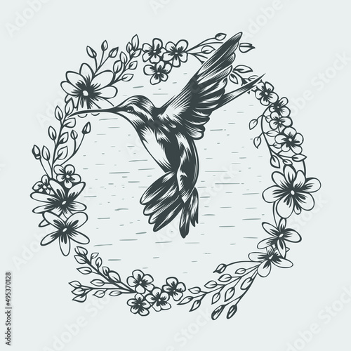 Vector illustration of a hummingbird in flight and surrounded by flowers