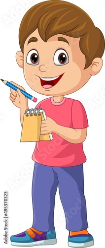 Cartoon little boy holding a notebook and pencil