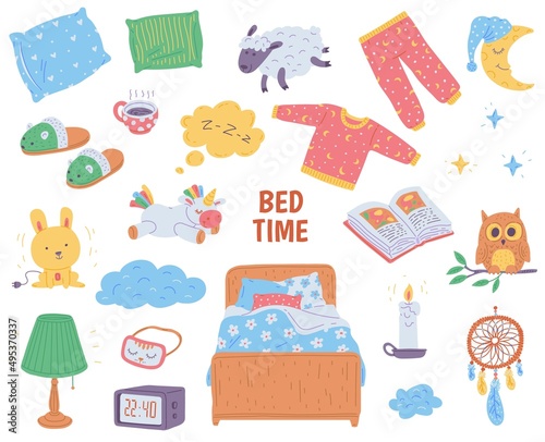 Bedtime items and icons collection hand drawn flat vector illustration isolated.