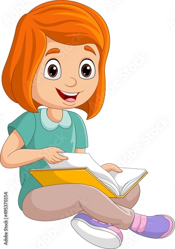 Cartoon little girl reading a book