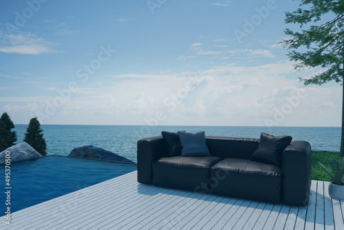 3D Rendering : Illustration soft couch at wood deck outdoor rest area. pool villa high luxury seaview. blue sea and sky summer for relax with family. happy time. sun deck of resort. chill out summer.