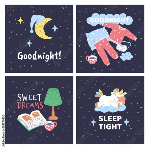 Good night cards with bedtime items, hand drawn flat vector illustration.