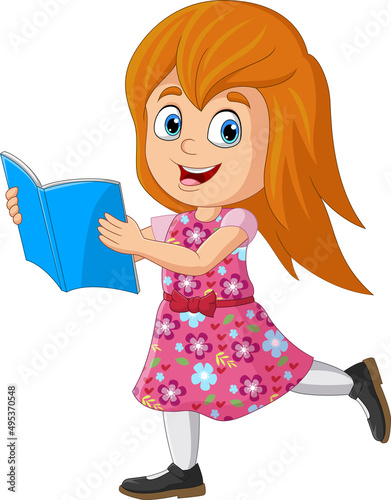 Cartoon little girl stands and reading a book