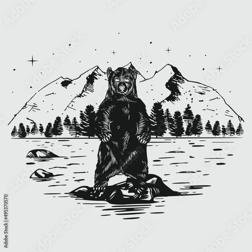 Vector illustration of a grizzly bear standing on a river rock with a mountain view