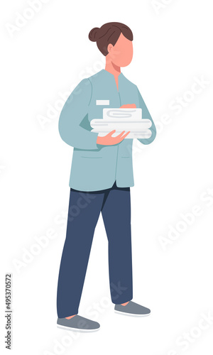 Janitress holding towels semi flat color vector character. Standing figure. Full body person on white. Charwoman simple cartoon style illustration for web graphic design and animation
