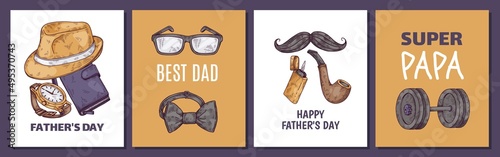 Fathers day posters set with hand drawn sketch elements - dumbbell, bow tie and smoking pipe, vector illustration.