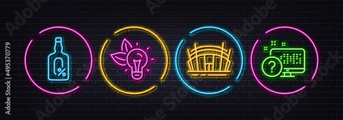 Arena stadium, Alcohol free and Eco energy minimal line icons. Neon laser 3d lights. Online quiz icons. For web, application, printing. Sport complex, Alcohol not allowed, Lightbulb. Vector