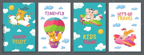 Cute cartoon animal travel on planes - set of flat vector posters.