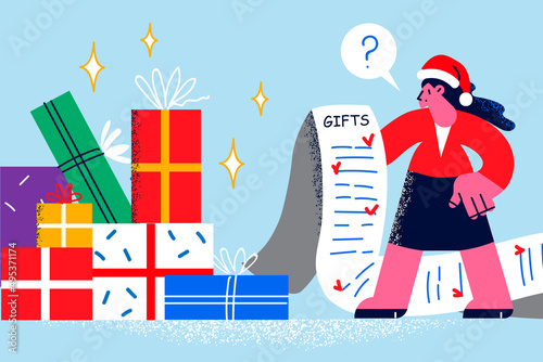 Woman with list prepare presents for Christmas 