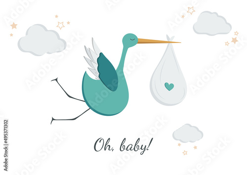 Cartoon green stork flies in the clouds with stars. In the beak is a pouch of a newborn baby. There is a green heart on the bag. Lettering oh baby