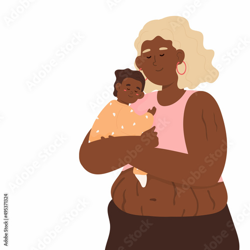 African woman with stretch marks on her belly after pregnancy