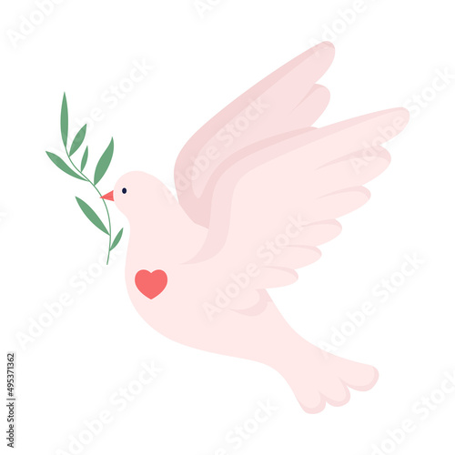Peace dove semi flat color vector character. Full body pigeon on white. Anti war protest. Bird symbolising global harmony simple cartoon style illustration for web graphic design and animation