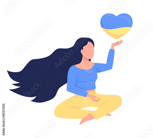 Lady giving hope semi flat color vector character. Sitting figure. Full body person on white. Peace and freedom for Ukraine simple cartoon style illustration for web graphic design and animation