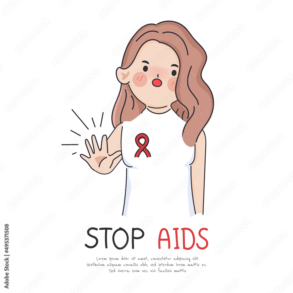 Young woman aids awareness red ribbon gesture stop AIDS gesture character pose. Young woman aids awareness red ribbon gesture stop AIDS gesture character pose.