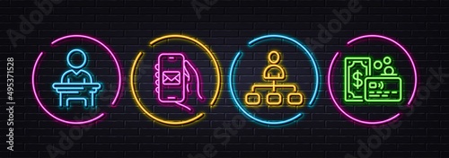 Management, Mail app and Election candidate minimal line icons. Neon laser 3d lights. Card icons. For web, application, printing. Agent, Smartphone email, Voting campaign. Bank payment. Vector