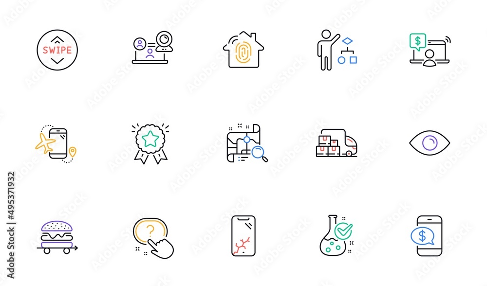 Chemistry lab, Smartphone broken and Flights application line icons for website, printing. Collection of Question button, Search map, Swipe up icons. Food delivery, Ranking star. Vector Chemistry lab, Smartphone broken and Flights application line icons for website, printing. Collection of Question button, Search map, Swipe up icons. Food delivery, Ranking star. Vector