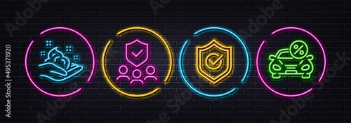 Skin care, Approved shield and Security agency minimal line icons. Neon laser 3d lights. Car leasing icons. For web, application, printing. Hand cream, Protection, Body guard. Vector
