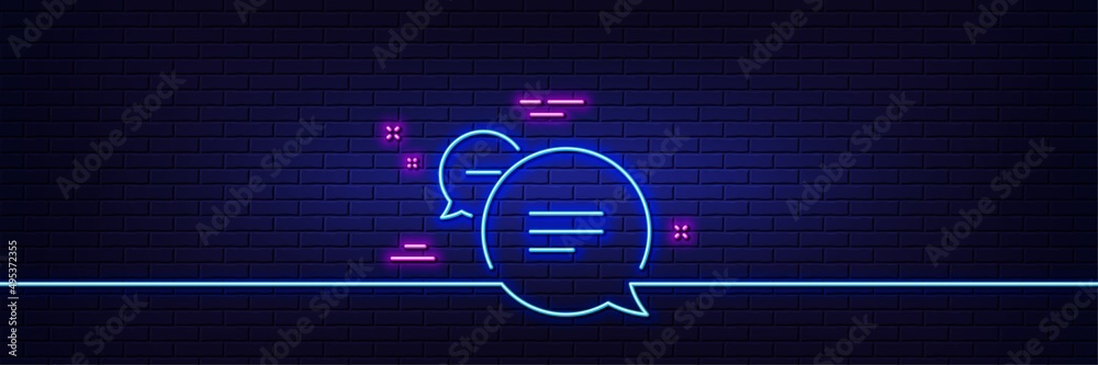 Neon light glow effect. Text message line icon. Chat comment sign. Speech bubble symbol. 3d line neon glow icon. Brick wall banner. Text message outline. Vector Neon light glow effect. Text message line icon. Chat comment sign. Speech bubble symbol. 3d line neon glow icon. Brick wall banner. Text message outline. Vector