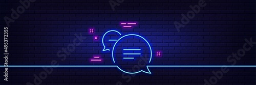 Neon light glow effect. Text message line icon. Chat comment sign. Speech bubble symbol. 3d line neon glow icon. Brick wall banner. Text message outline. Vector