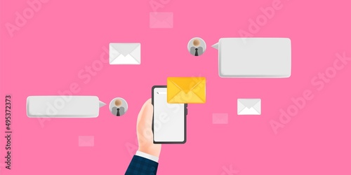 3D cartoon illustration. Businessman hand holding smart phone, opening messenger app doing chat communication, with mail email envelope