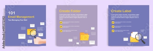 3D cartoon style. Social media informative email organizer tips post banner template layout design. Hand holding magnifier searching mail on a folder.