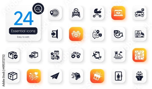 Set of Transportation flat icons. Online delivery, Lighthouse and Parcel insurance elements for web application. Exit, Paper plane, Tractor icons. Parking, Packing boxes. Vector
