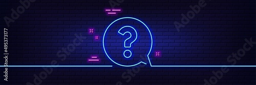 Neon light glow effect. Question mark line icon. Help speech bubble sign. FAQ symbol. 3d line neon glow icon. Brick wall banner. Question mark outline. Vector