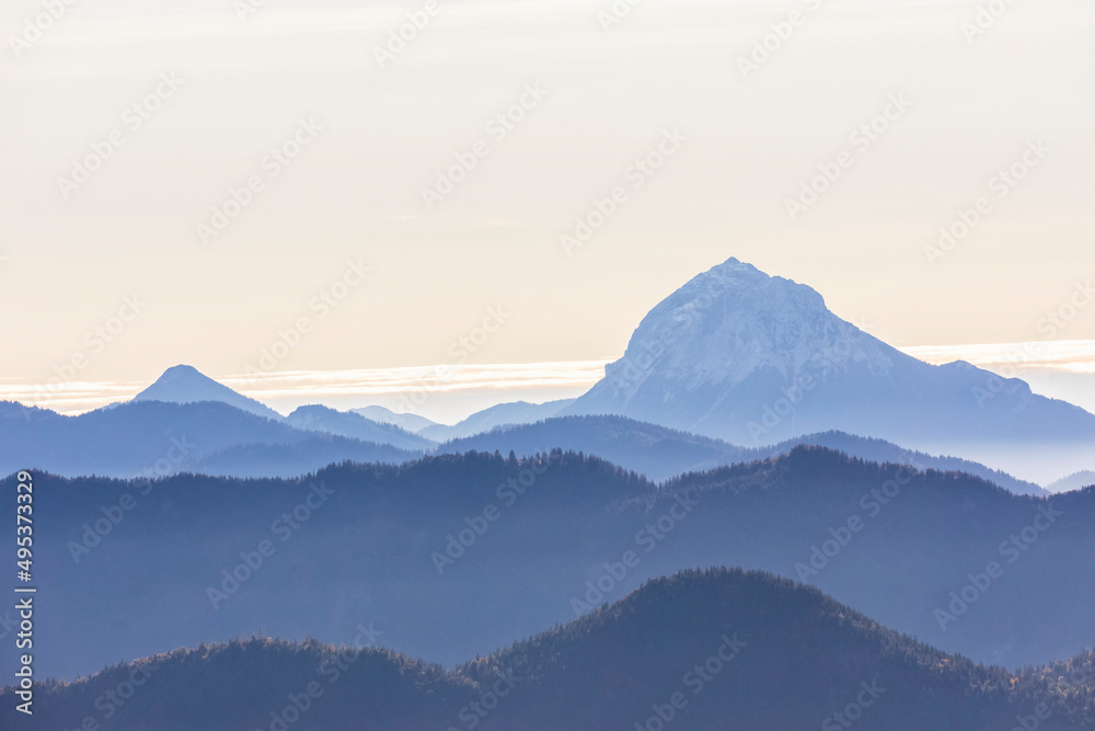 Foggy morning in Bavarian Prealps with Guffert in background Foggy morning in Bavarian Prealps with Guffert in background
