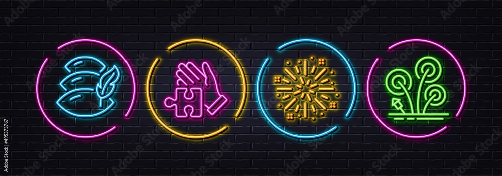 Fireworks explosion, Puzzle and Pillow minimal line icons. Neon laser 3d lights. Fireworks icons. For web, application, printing. Pyrotechnic salute, Jigsaw game, Sleep cushion. Vector