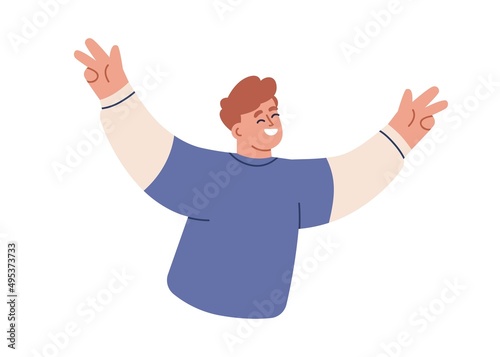 Happy joyful person smiling and laughing. Excited cheerful man rejoicing, exulting, celebrating, feeling happiness. Positive joyous emotions. Flat vector illustration isolated on white background