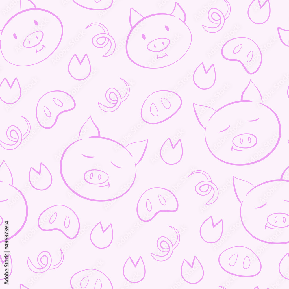 Seamless background with pigs, hooves and tails. Cute pattern with cartoon muzzles of piglets on a pink background. Vector. Seamless background with pigs, hooves and tails. Cute pattern with cartoon muzzles of piglets on a pink background. Vector.