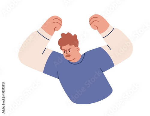 Angry mad man with furious face expression. Screaming yelling person gesturing in anger and rage, expressing fury, negative emotions, feelings. Flat vector illustration isolated on white background