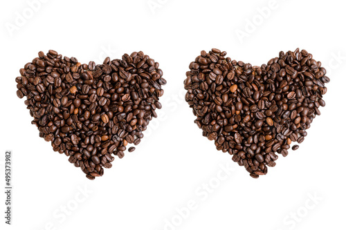Mixture of different kinds of coffee beans. heart shape