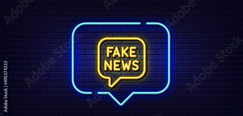 Neon light speech bubble. Fake news line icon. Propaganda conspiracy chat sign. Wrong truth symbol. Neon light background. Fake news glow line. Brick wall banner. Vector