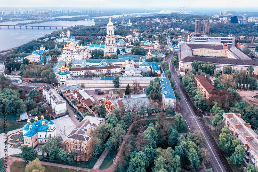 Aerial view of the Kiev-Pechersk Lavra at dawn. Kiev, Ukraine