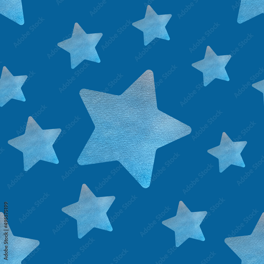 Fototapeta premium Seamless pattern with stars on a blue background. Hand painted star shaped acrylic background.