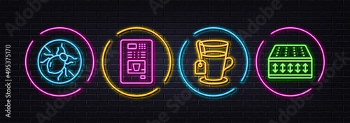 Bed bugs, Coffee vending and Tea minimal line icons. Neon laser 3d lights. Flexible mattress icons. For web, application, printing. Hypoallergenic, Coffee vending machine, Glass mug. Vector