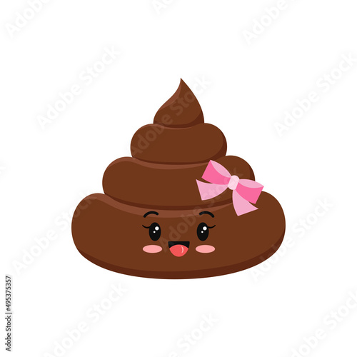 Poop cute funny laughing excrement girl character cartoon emoticon isolated on white background. Kawaii brown heap of shit emoji with bow. Flat design vector clip art baby poo with face illustration.
