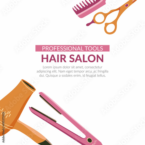 Hand drawn hair salon design for poster, postcard, banner. Hairdresser tools on white background.  Vector illustration