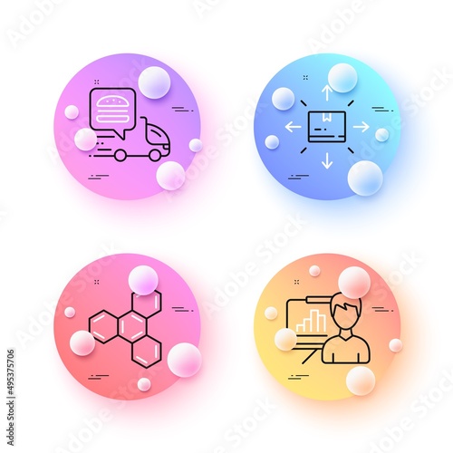 Cardboard box, Food delivery and Chemical formula minimal line icons. 3d spheres or balls buttons. Presentation board icons. For web, application, printing. Vector