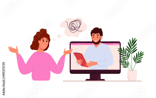 Online therapy. Psychotherapy session. Vector illustration