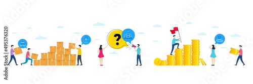 Set of Ship, Boxes pallet and Lighthouse line icons. People characters with delivery parcel, money coins. Include Transport insurance icons. For web, application. Vector