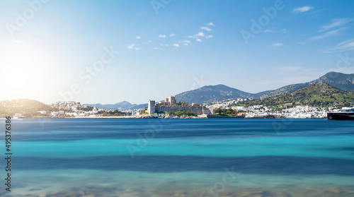 Long exposure photo of Bodrum castle on sunny day. Tourism and leisure concept.