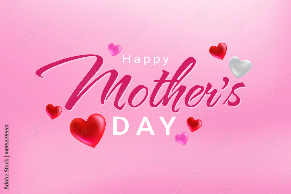 Happy Mother's Day with 3D colorful hearts, symbol of love and handwritten font text on pink background.
