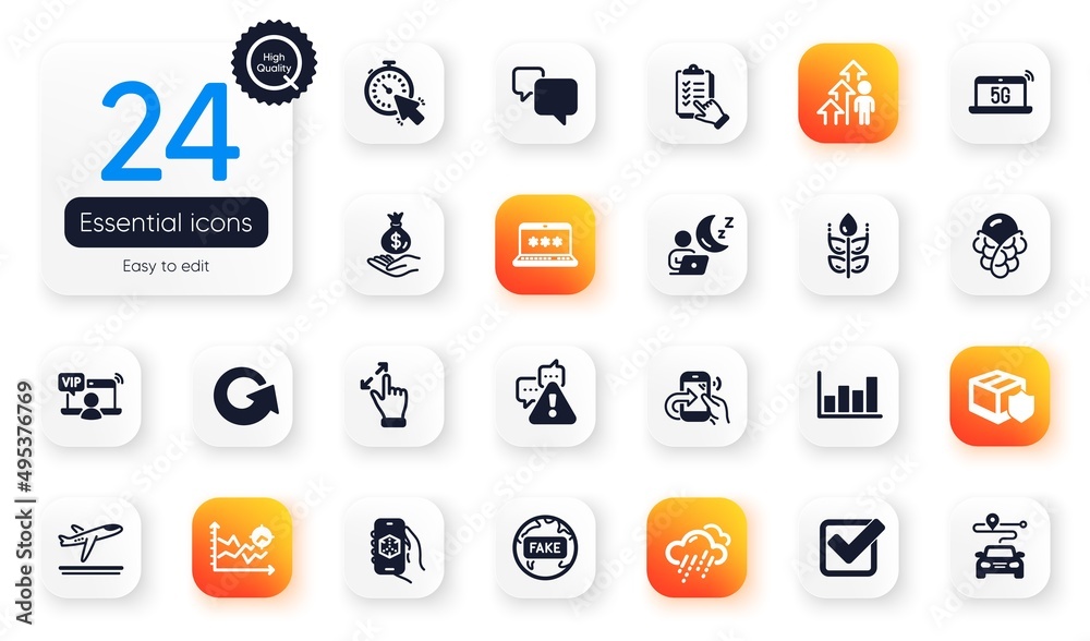 Set of Business flat icons. Employee result, Checkbox and Fake news elements for web application. Touchscreen gesture, 5g notebook, Timer icons. Income money, Journey, Rainy weather elements. Vector Set of Business flat icons. Employee result, Checkbox and Fake news elements for web application. Touchscreen gesture, 5g notebook, Timer icons. Income money, Journey, Rainy weather elements. Vector