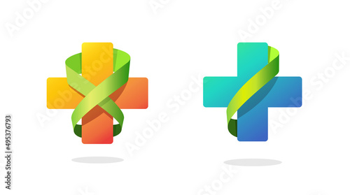Pharmacy medical plus cross logotype vector or modern health care hospital logo icon orange blue green color isolated, healthcare pharmaceutical abstract 3d sign, drug store shop sign creative design