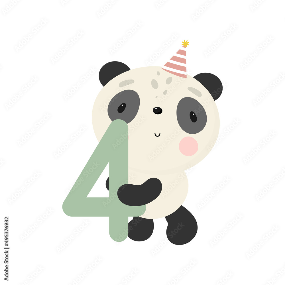 Birthday Party, Greeting Card, Party Invitation. Kids illustration with Cute Panda and and the number four. Vector illustration in cartoon style. Birthday Party, Greeting Card, Party Invitation. Kids illustration with Cute Panda and and the number four. Vector illustration in cartoon style.